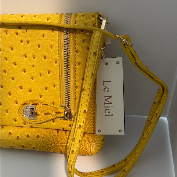 Le Miel Faux Ostrich Mustard Yellow Crossbody Bag - Picture 3 of 13